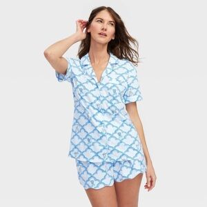 Geo Trellis Short Sleeves and Shorts Pajama Set Blue NWT
